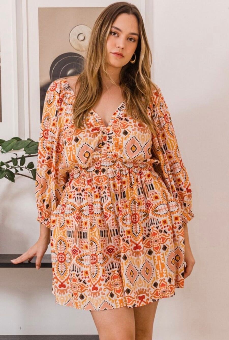Oddi Orange Boho Print Long Sleeve Romper – Size 1XL